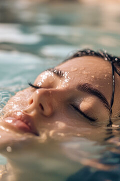 A woman is relaxing in a pool with her eyes closed, enjoying the calmness and serenity of the water vertical frame