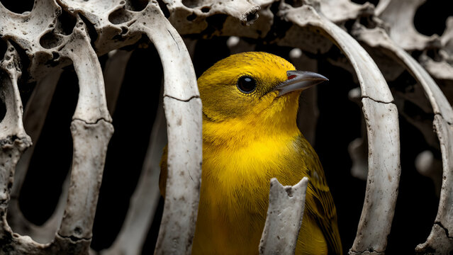 A bright yellow bird perched inside the rib cage of a skeleton.