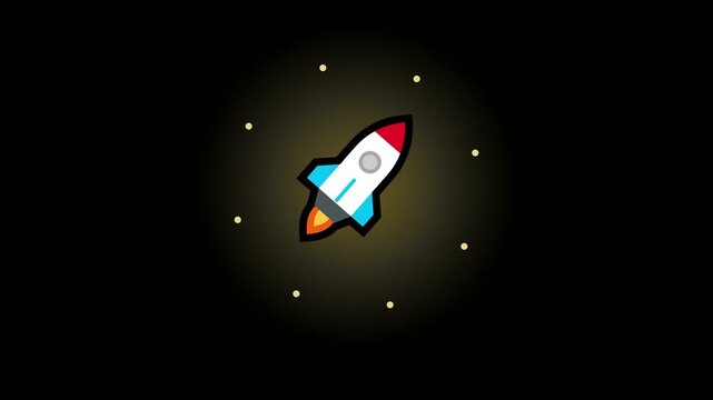 Multiple cartoon rockets launching into the dark night sky