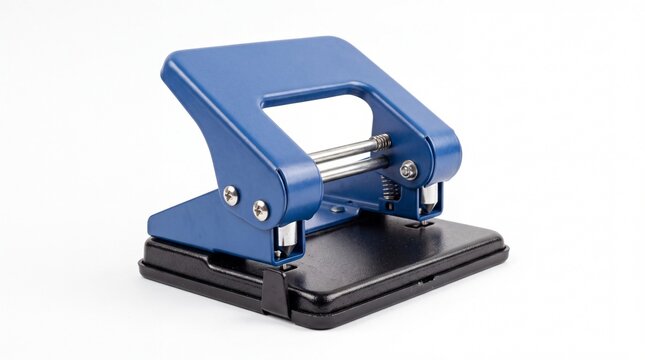 Metal two hole puncher tool showing sturdy construction and blue finish isolated on white background