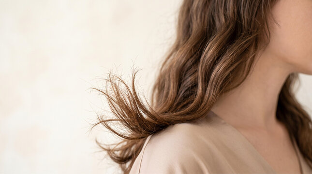 Woman with dry damaged frizzy hair and split ends