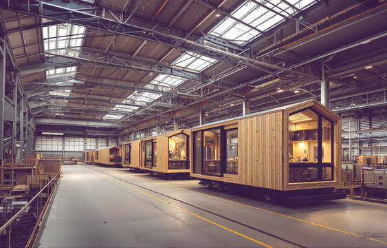 Modular Tiny Houses Under Construction In Large Industrial Factory Building