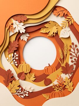 Autumn paper cut frame with leaves and pumpkins
