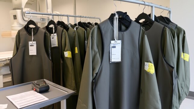 Hospital radiology apron storage with hanging lead protective vests for clinic safety and medical poster background design