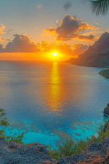 Fototapeta premium A serene scene of a sunset over the ocean and mountains, perfect for nature and travel-related projects vertical frame