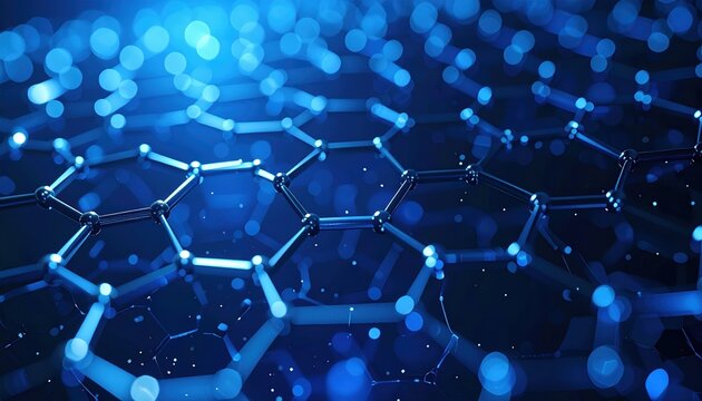 Glowing silver hexagonal molecular grid floating through dark blue cyberspace representing nanotechnology