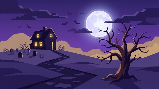 Spooky haunted house and graveyard with dead tree under a full moon at night in vector style