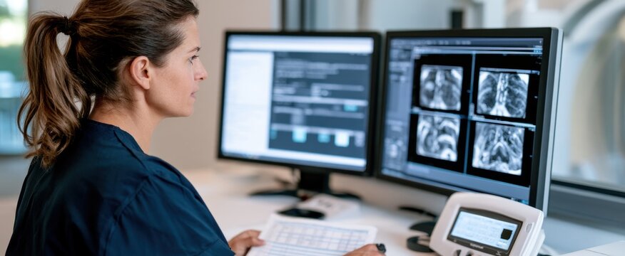 Radiology medical imaging workstation with radiologist reviewing chest scans on dual monitors for healthcare presentation background