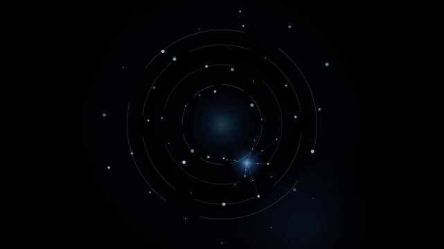 Abstract glowing particles orbiting nucleus in dark void with subtle light flares digital motion background