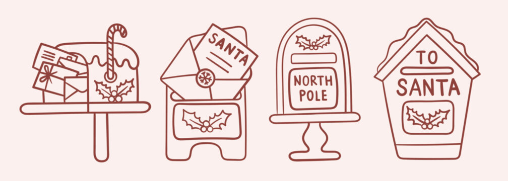 Winter sign set with Christmas mailbox, Santa letter, North Pole marker, and Santa house in red line art on pink background