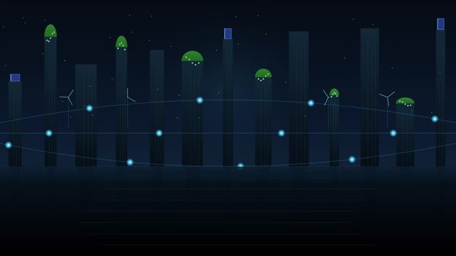 Abstract digital cityscape with glowing towers during nighttime animation