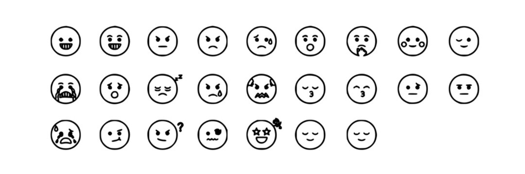Emotion Icons Set with Various Facial Expressions, Simple Line Art Design Featuring Reaction, Ideogram