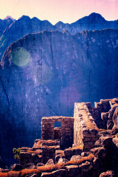 Peru, South America: graphic reworking in fairy tale style of the stone ruins at the 15th century Inca citadel of Machu Picchu. Black and red colours, book cover, illustration, symbolic, poster
