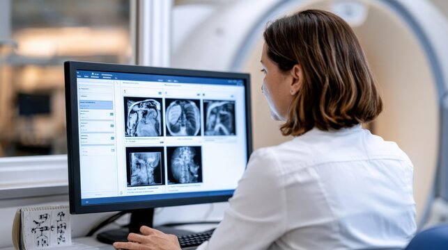 Radiologist at diagnostic imaging workstation viewing mri and ct scans for medical reporting and healthcare design background