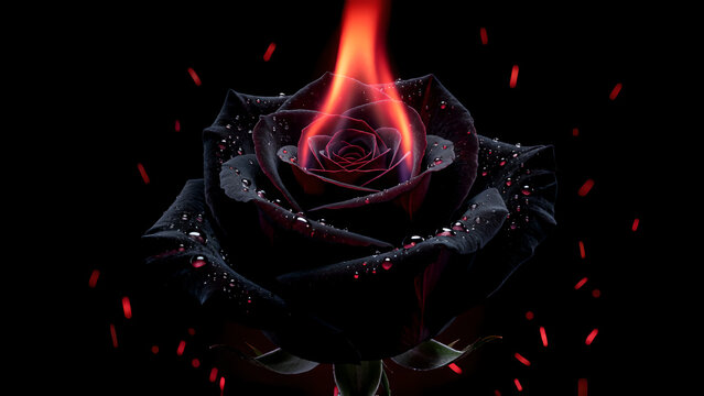 A beautiful dark black rose with glowing orange flames and water droplets on a black background.