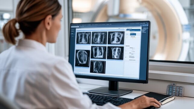 Radiology technician reviewing chest x ray images on diagnostic monitor for medical reporting and healthcare design background
