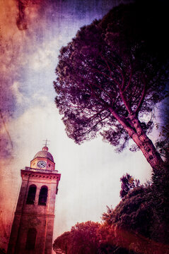 Portofino, Liguria, Italy, Europe: the bell tower of the Roman Catholic Church of Divo Martino dedicated to Martin of Tours