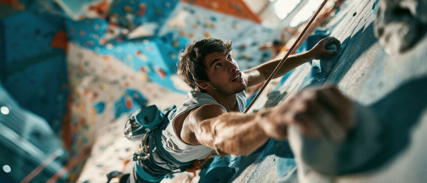 man climbing gym artificial rock wall upward panoramic perspective  