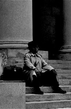 San Francisco, California, Usa: graphic reworking in black and white striped lines of a businessman sitting on the steps of the San Francisco Stock and Bond Exchange, founded in 1882, closed in 2002