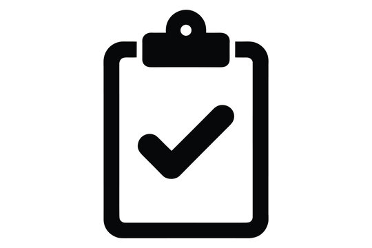 Clipboard with checkmark icon in bold black silhouette style for task completion concepts