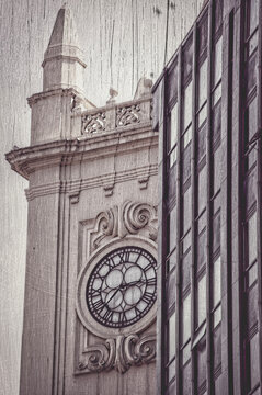 Buenos Aires, Argentina: black and white, Casa Escasany (House Escasany), historic building in the Microcentro district (Montserrat neighborhood), famous for its prominent corner clock tower 