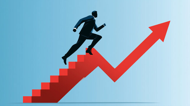 A silhouette of a businessman running up steps towards a rising arrow, symbolizing growth, success, and progress in the corporate world.