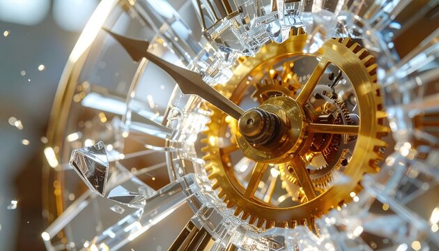 Broken crystal clock face exploding outward to reveal intricate golden internal gears