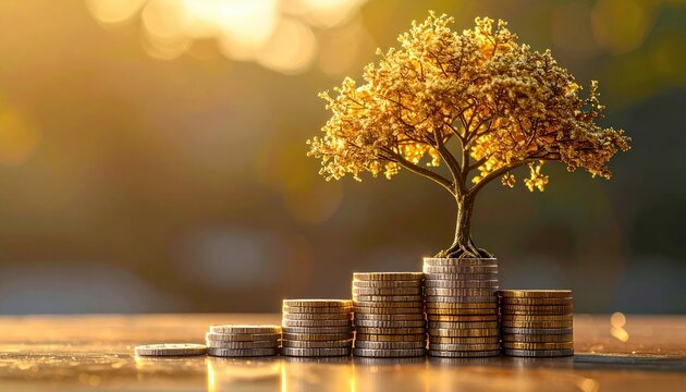 Golden metallic tree growing from stacked silver coins on polished wooden desk representing financial growth and wealth