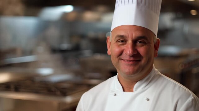 Professional male chef wearing a white uniform and toque smiling in a commercial kitchen