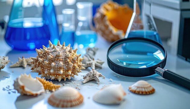 Marine biology laboratory workspace with sea urchin shells, coral pieces, blue liquid flasks and magnifying lens