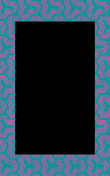 Geometric frame, graphic design in green and pink on a black background. Book cover, illustration, mesmerizing pattern
