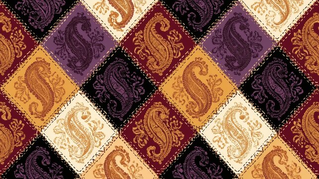 Seamless patchwork pattern featuring elegant paisley motifs in diamond-shaped squares. This vintage textile background is ideal for fashion design and decorative wallpaper.