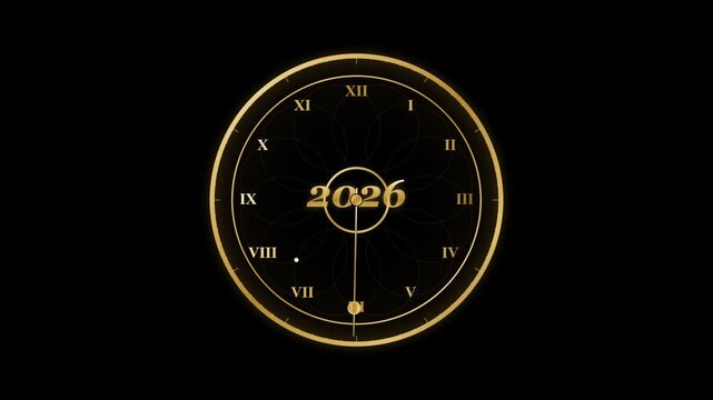 Golden clock face with roman numerals and the year 2026 in the center, symbolizing new year celebration and countdown on a black background