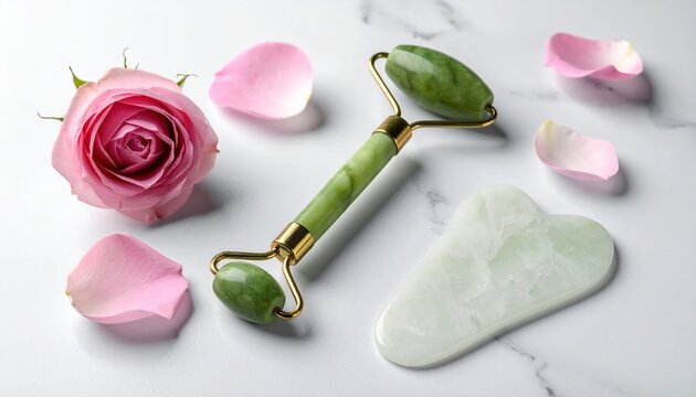Natural green jade facial roller and smooth gua sha massage stone beside delicate pink rose petals on elegant white marble table