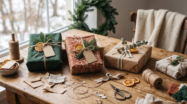zero waste holiday present preparation with natural craft paper and dried citrus