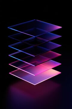 Stacked transparent glass plates with neon blue and pink gradient lighting on black background. Modern abstract design for technology and minimalist aesthetic concepts.