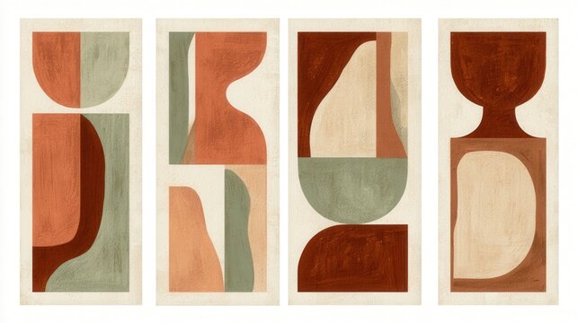 Set of four contemporary abstract wall art prints with organic geometric shapes in earthy terracotta and sage green colors. Perfect for modern home interior design.
