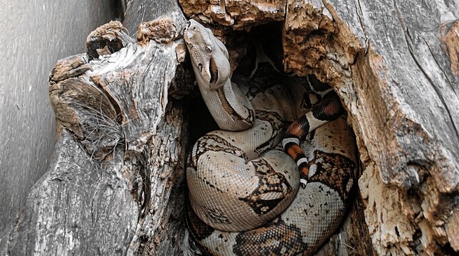 Red-tailed Boa Constrictor hiding in a hollow tree trunk.