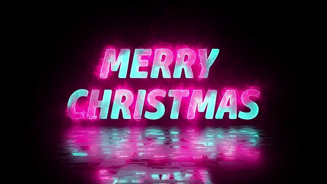 Vibrant merry christmas neon text animation in pink and blue colors with glowing reflections for holiday celebration