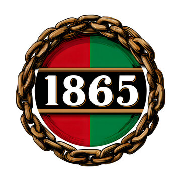 Historical 1865 emblem with rusted iron chain frame and red green background