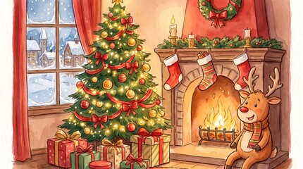 Fototapeta premium クリスマスツリーとプレゼントが飾られた室内（冬・装飾・背景・トナカイ）