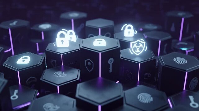 Cybersecurity Concept with Glowing Digital Security Icons on Moving Hexagonal Pillars Background