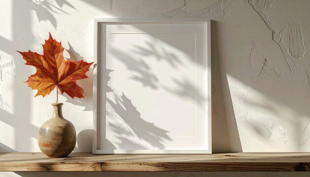 Blank white picture frame on wooden shelf with subtle maple leaf shadows cast across interior wall