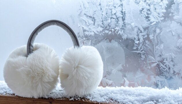 White faux fur winter earmuffs resting on snowy wooden windowsill beside frozen glass with ice crystals