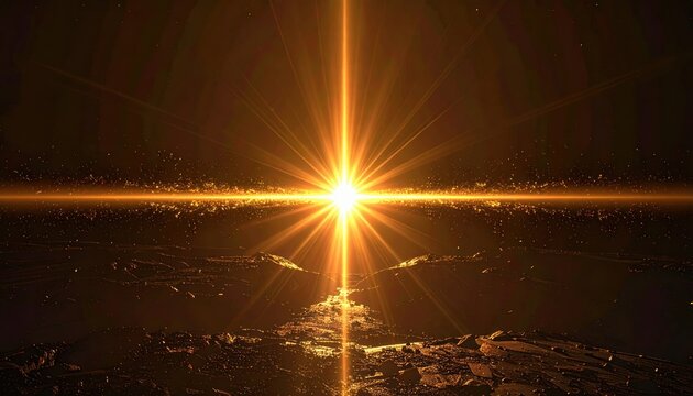 Asymmetrical golden lens flare with bright glowing beam entering dark background for cinematic design