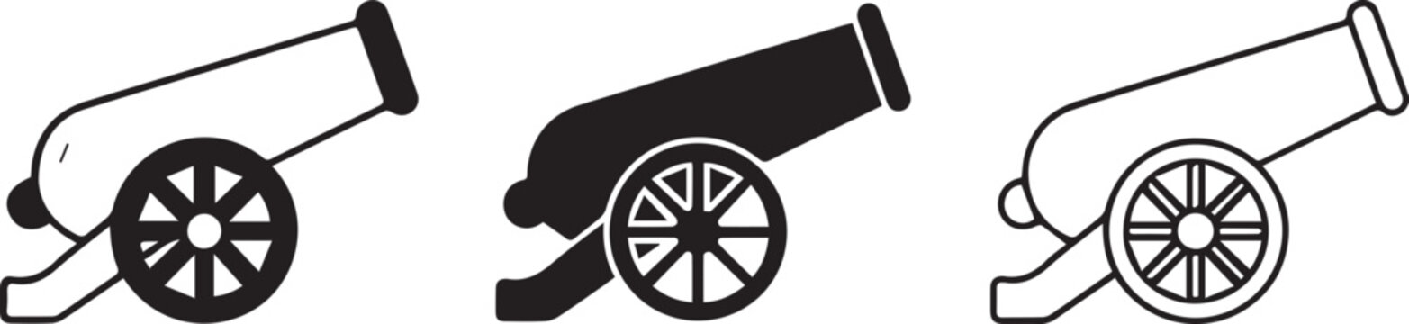 Antique cannon vector line icons set vintage artillery weapon military war gun heavy firearm symbol