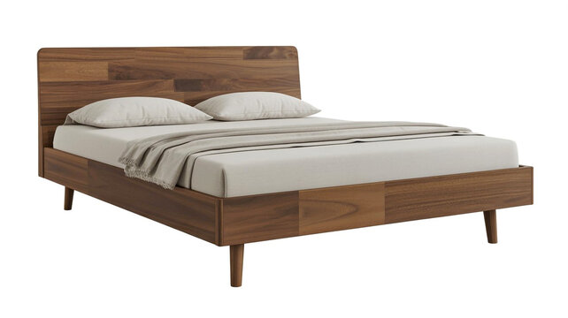 Modern mid-century style walnut wooden bed frame with neutral beige bedding and pillows on white background for bedroom furniture decor