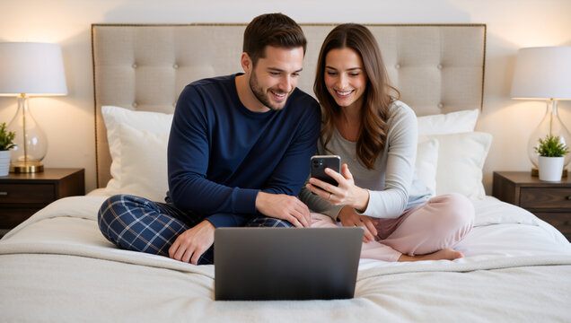 Happy young couple looking at smartphone in bed. Smiling man and woman using phone and laptop in cozy bedroom. Online shopping and technology at home concept