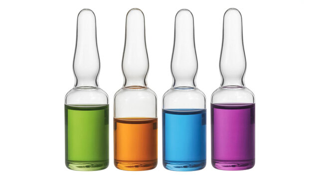 Four glass ampoules filled with colored liquids against a white background