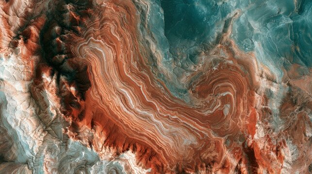 Stunning aerial view of abstract desert mountain geological layers with vibrant red and turquoise colors. Perfect for earth science backgrounds or modern artistic wall decor.